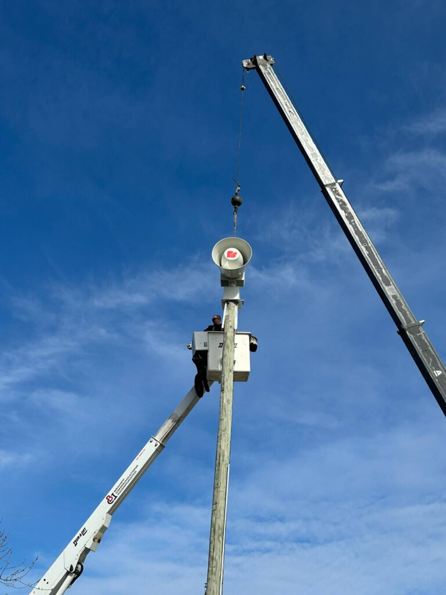 A new tornado siren is installed in the village of Hopkins Park on Thursday, March 19, 2026.