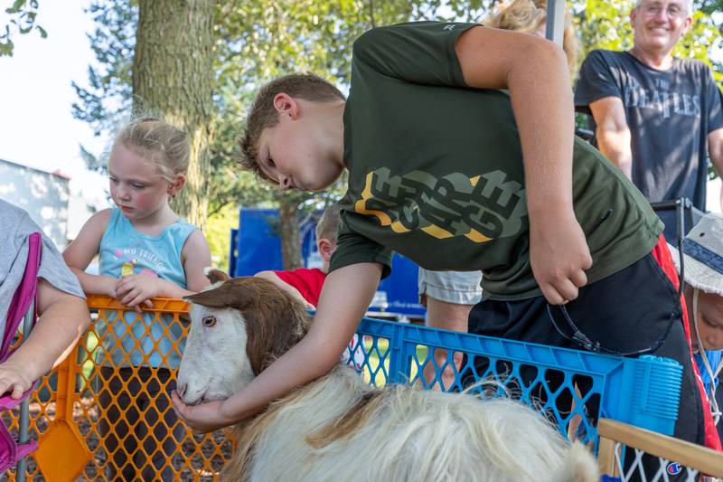 Funnegan Warfield feeds goat on Saturday, August 9, 2025 at the annual Wenona Days on Chestnut Street in Wenona.
