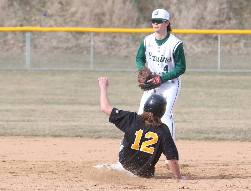 Riverdale's Braxton Hager slides safely into second base as St. Bede's John Brady waves off the late throw on Monday, March 20, 2023 at St. Bede Academy.