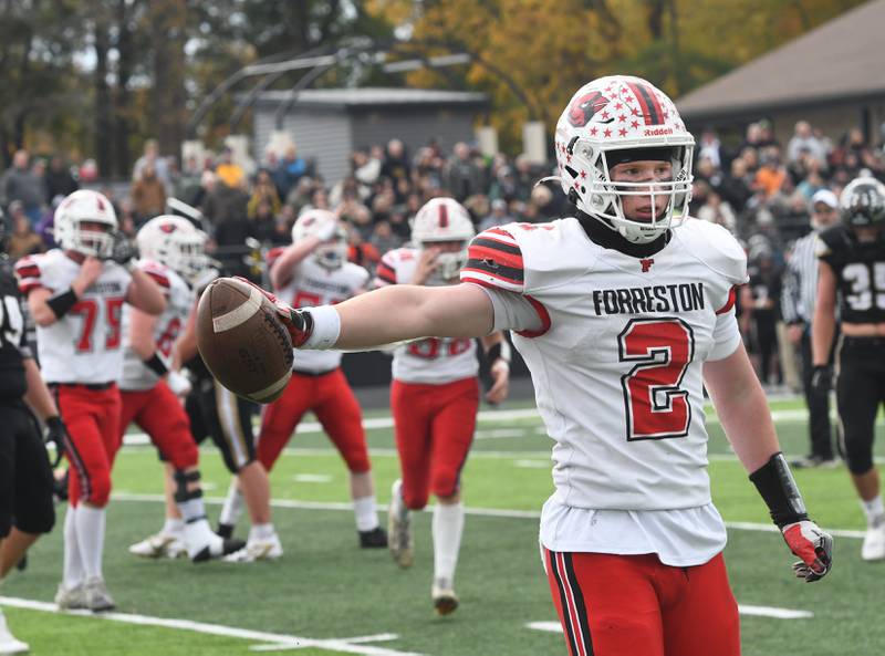 Forreston's Connor Politsch reacts after catching a pass for a two-point conversion against Lena-Winslow in 1A playoff action in Lena on Saturday, Nov. 1, 2025.