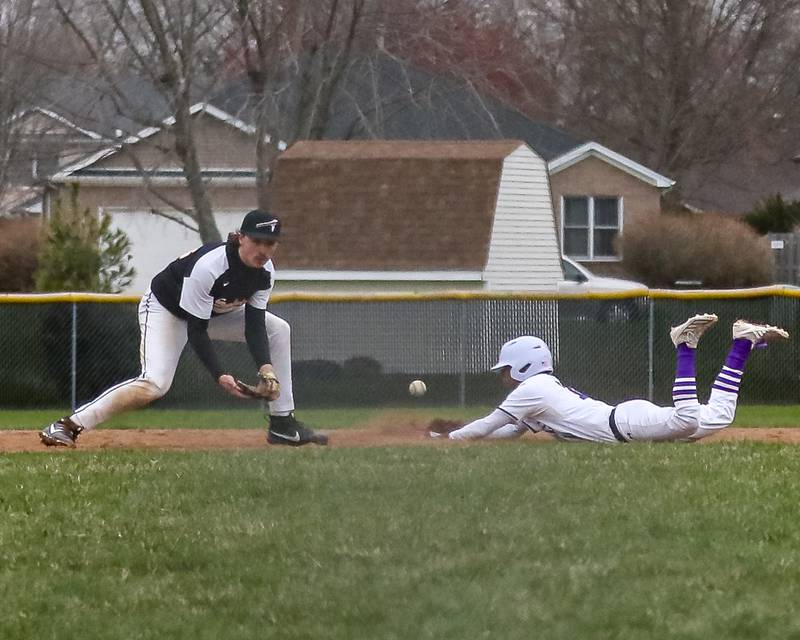 Sandwich's Anthony Wade (6) fields a throw to second, while Plano's Amari Bryant (10) slides in safely during baseball game between Sandwich at Plano on Thursday, April 9, 2025 in Plano.