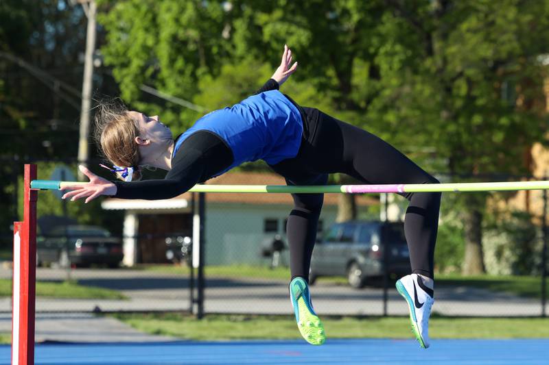Lincoln-Way East's Teagan Knipper clears the state-qualifying height in the high jump during the IHSA Class 3A Chicago Heights Girls Track and Field Sectional at Bloom High School on Wednesday, May 13, 2026.