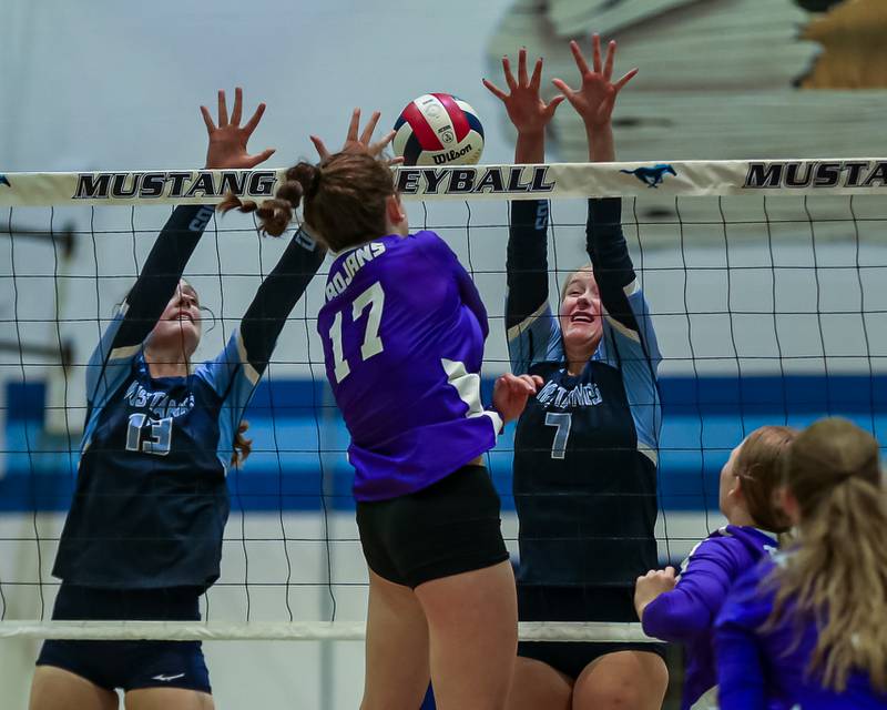 Downers Grove North's Nora Benjamins (17) with a kill past the defense during volleyball match between Downers Grove North at Downers Grove South.  Sept 7, 2023.