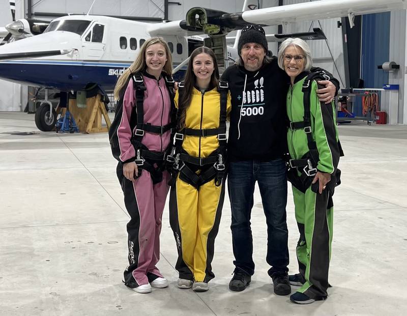 Damron will jump May 28 to support her organization, Believe in Uganda, with Elizabeth Wenzel, left, Rebekah Felty and Chad Staerkel of Skydive Chicago in Ottawa. Staerkel has jumped more than 11,000 times, Damron said.