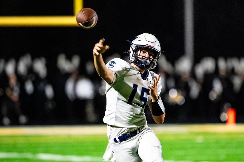 Plainfield South's Cody Hogan throws a pass during a game against Joliet West on Friday Sept. 29, 2023 at Joliet West High School in Joliet
