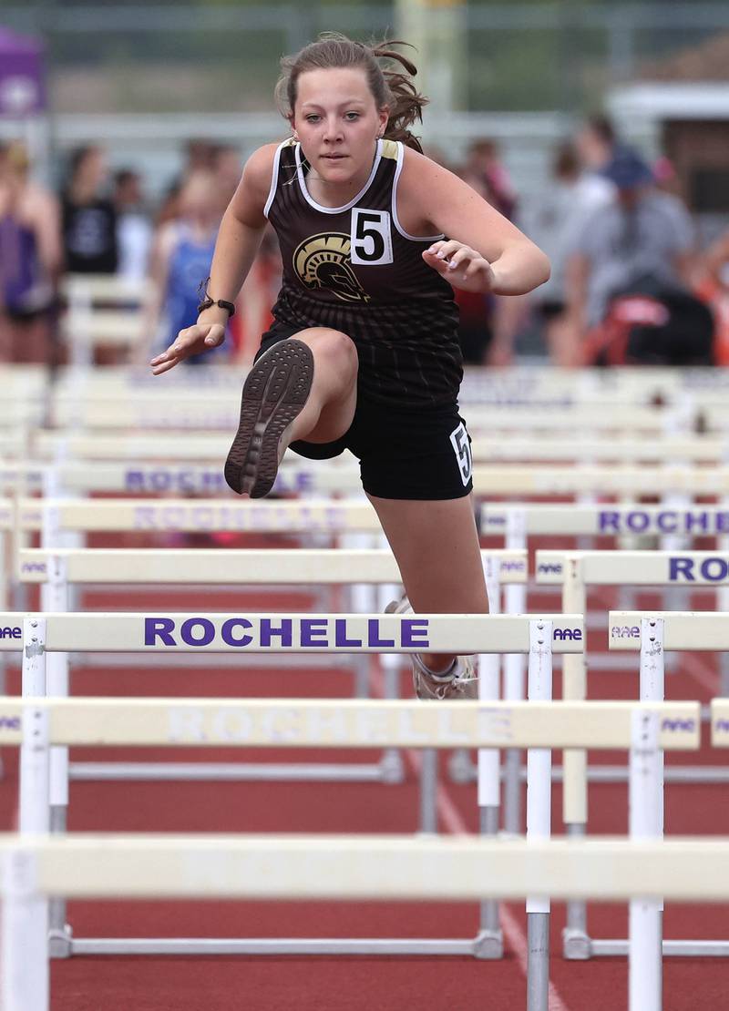 Sycamore’s Taylor Olson competes in the 100 meter hurdles Wednesday, May 8, 2024, during the girls track Class 2A sectional at Rochelle High School. Hernandez qualified for state.