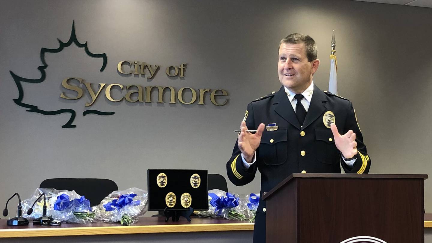 Sycamore Police Chief James Winters speaking at a promotional ceremony June 2 at City Hall.