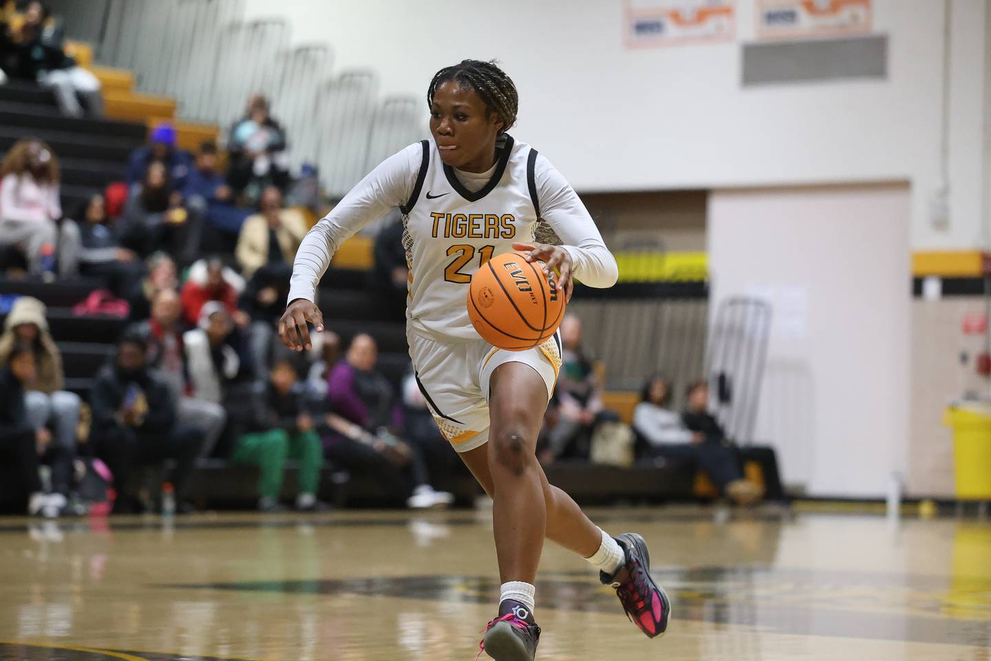 Joliet West’s Jada Thompson drives to the paint against Butler College Prep on Tuesday, Dec. 16, 2025 in Joliet.