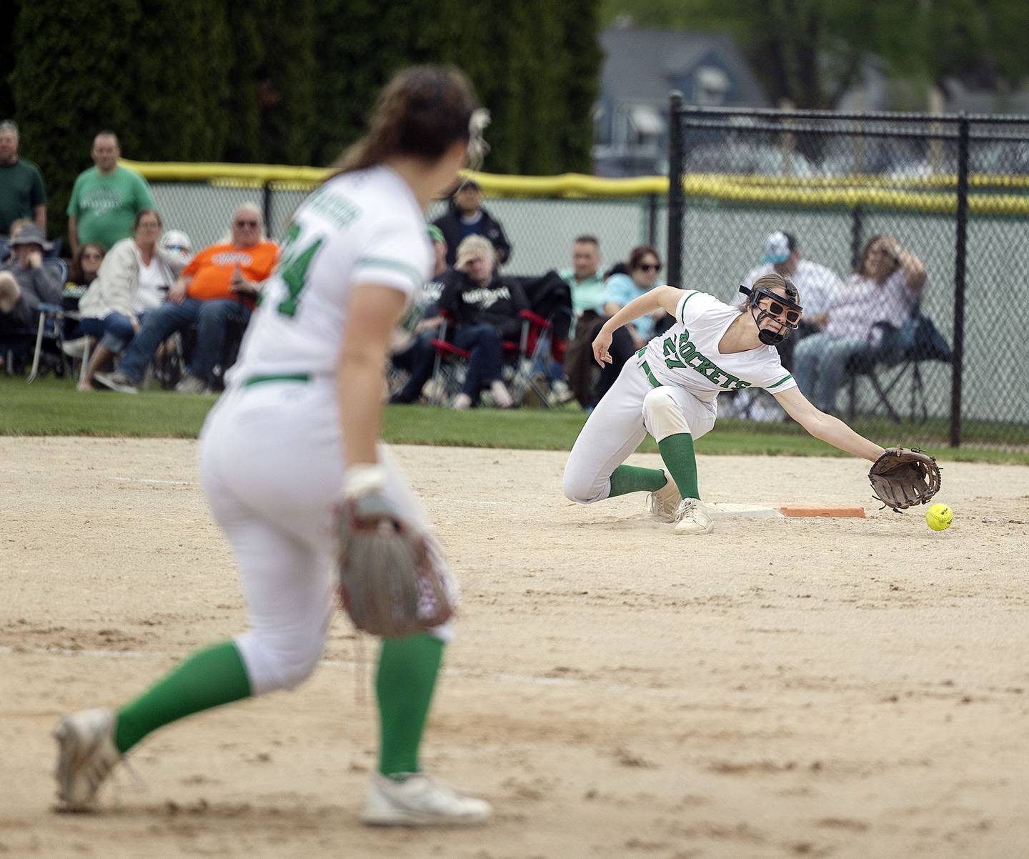 Rock Falls’ Rylee Johnson reaches for an errant throw against Sterling Friday, May 5, 2023.