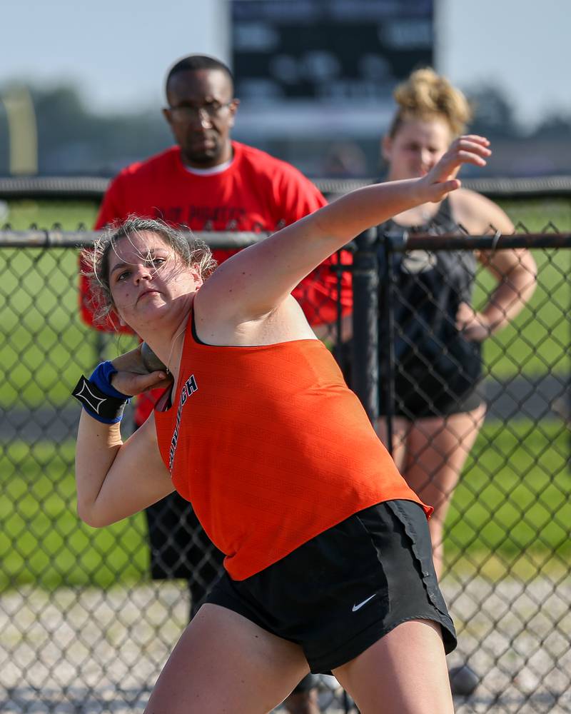 Sandwich's Claire Allen competes in the shot put during the Interstate Eight Conference Meet at Plano High School on Monday, May 9, 2022.