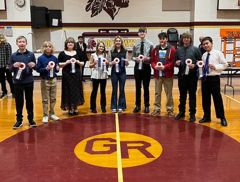 Eighth-graders at Grand Ridge Grade School competed Jan. 31, 2024, in a science fair. The school recognized those moving to the regional competition March 16 at Newark Community High School. John Lukach, Hunter Nettleingham, Alex Reed, Weston McCormick, Reid Simmons, Gunner Stevens, Kieran Black, Bella Fisher and Remington Rinker will be going to the regionals.