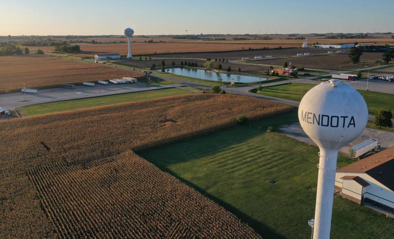 An aerial view of the Mendota water tower looking west at the intersection of Interstate 39 and U.S. Route 34 on Wednesday, Oct. 8, 2025 in Mendota.