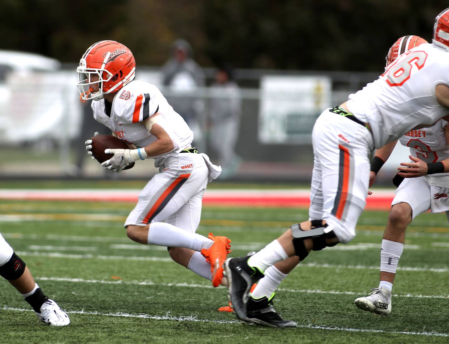Hersey’s Logan Riley (5) runs the ball during their Class 7A second-round playoff game in Batavia on Saturday, Nov. 5, 2022.