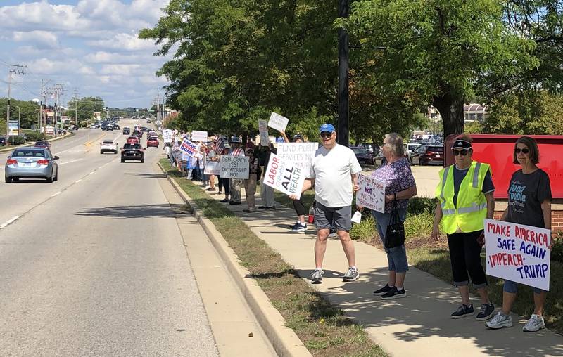 More than 600 people lined Richmond Road on McHenry's north side on Monday, Sept. 1, 2025, as part of the Workers Over Billionaires protest, promoted by Indivisible McHenry County.
