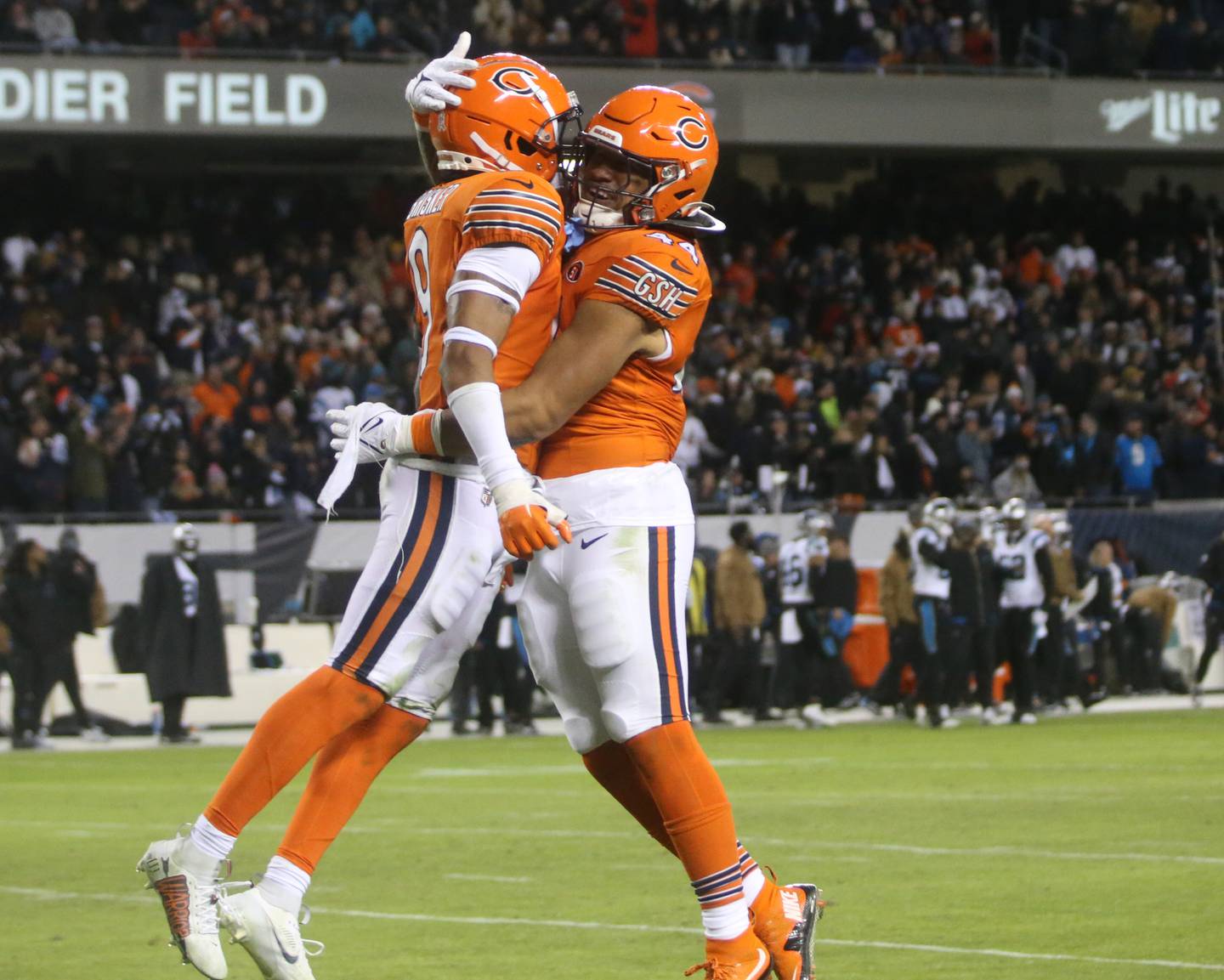 Chicago Bears defensive back Jaquan Brisker and teammate linebacker Noah Sewell celebrate after defeating the Carolina Panthers on Thursday, Nov. 9, 2023 at Soldier Field.