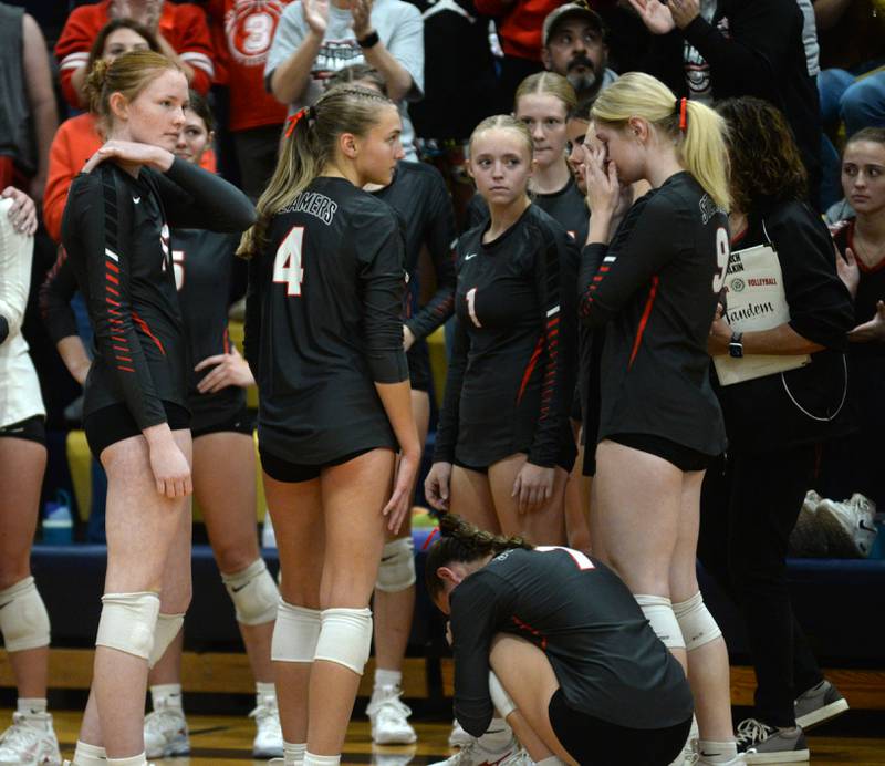 Fulton team members react after falling to Galena in two sets during 1A action at the Polo Sectional on Tuesday, Nov. 5, 2024 at Polo High School.