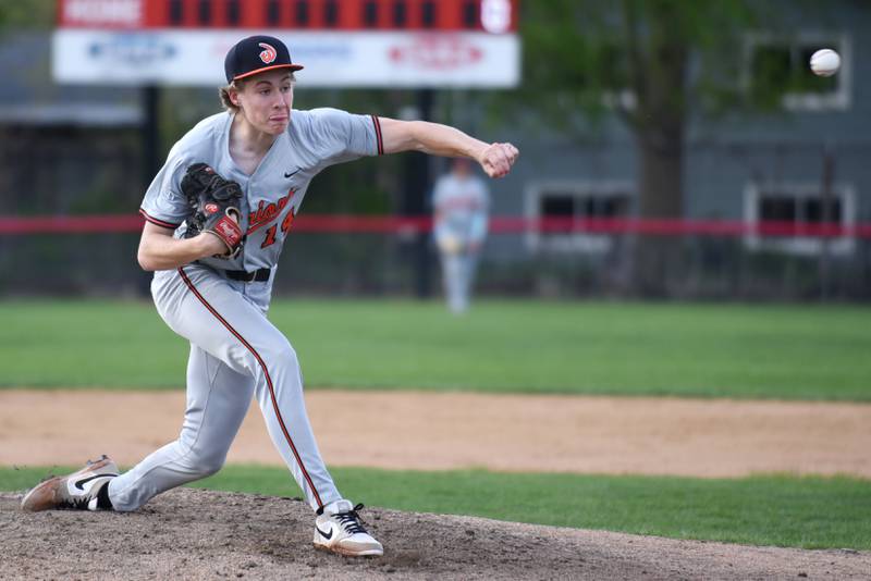 Lincoln-Way West's Michael Pettit throws a pitch during a game at Bradley-Bourbonnais Thursday, May 1, 2025.