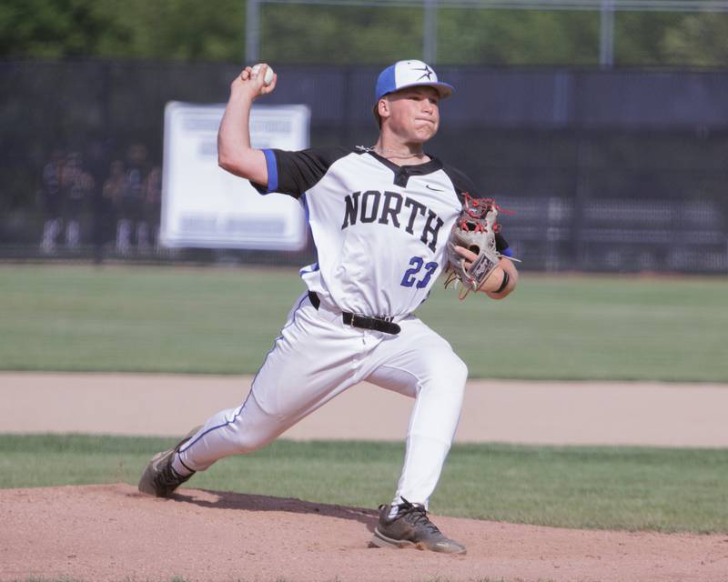 St. Charles North's Landon Paul delivers a pitch against St. Charles East on Monday May 4, 2026 in St. Charles.