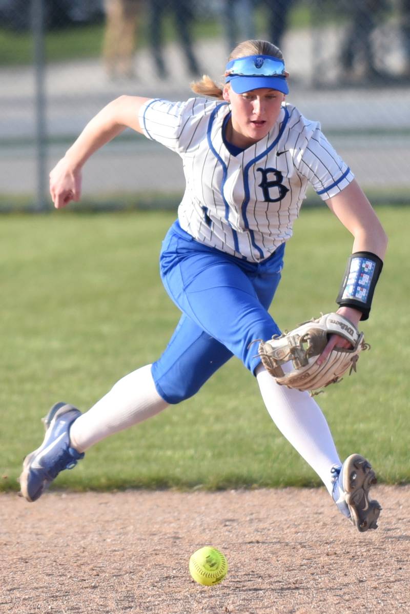 Milford-Cissna Park's Addison Lucht chases down the ball during a home game against Oakwood Wednesday, April 16, 2025.