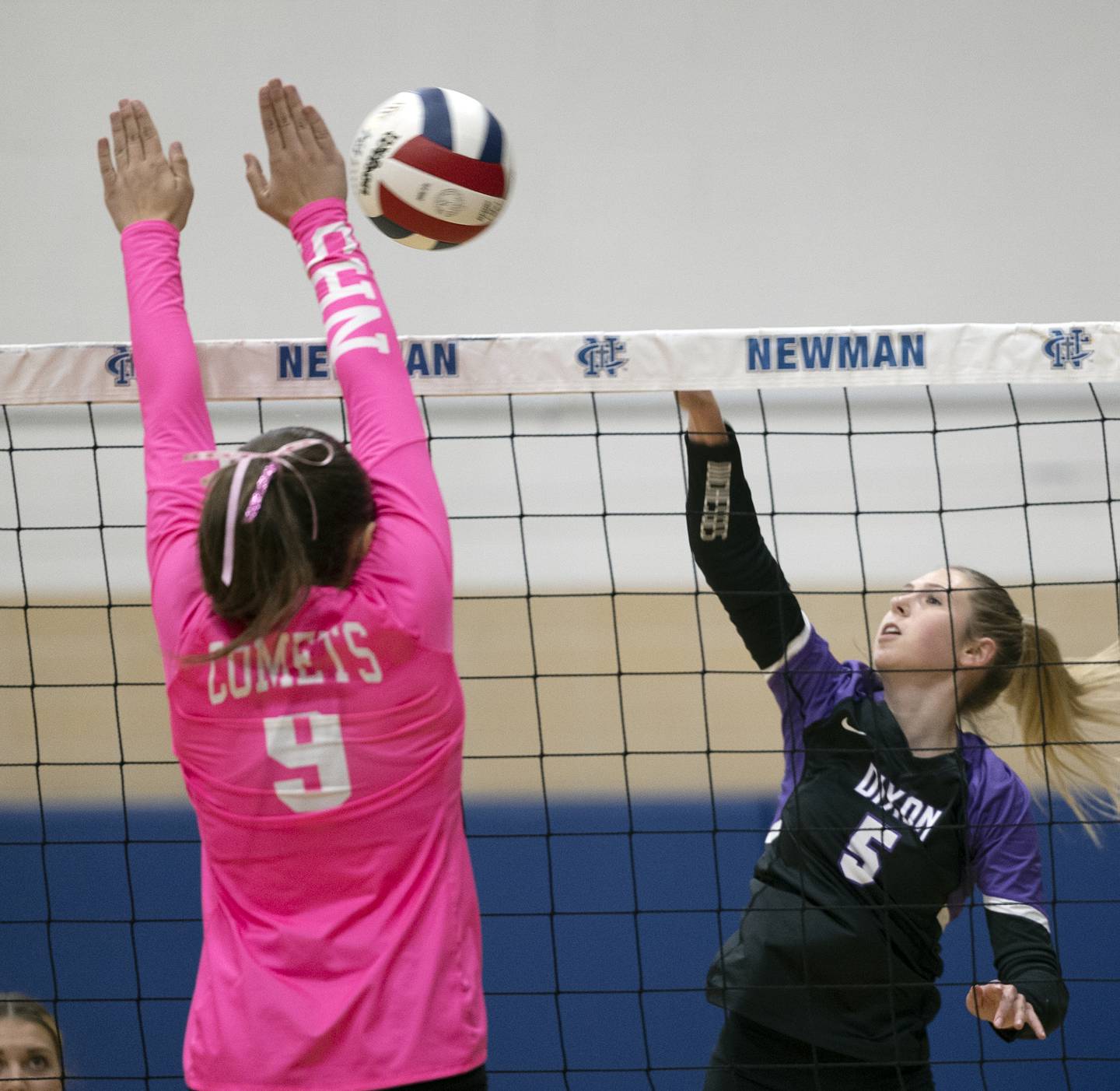 Dixon’s Morgan Hargrave plays the ball against Newman’s Frances Haley Thursday, Oct. 3, 2024, at Newman High School.