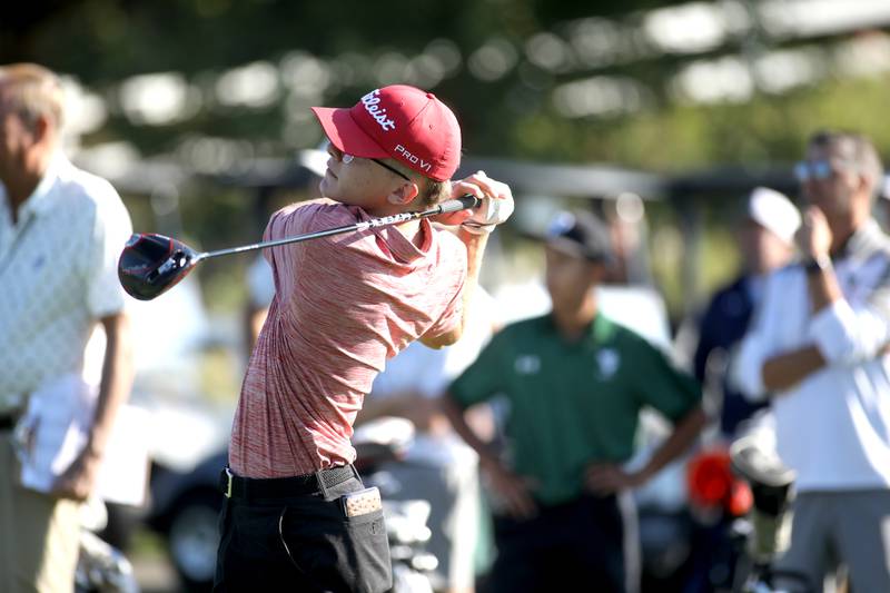 Batavia’s Ian Steelglove tees off during the Class 3A Plainfield North Boys Golf Sectional at Whitetail Ridge Golf Course in Yorkville on Monday, Oct. 2, 2023.