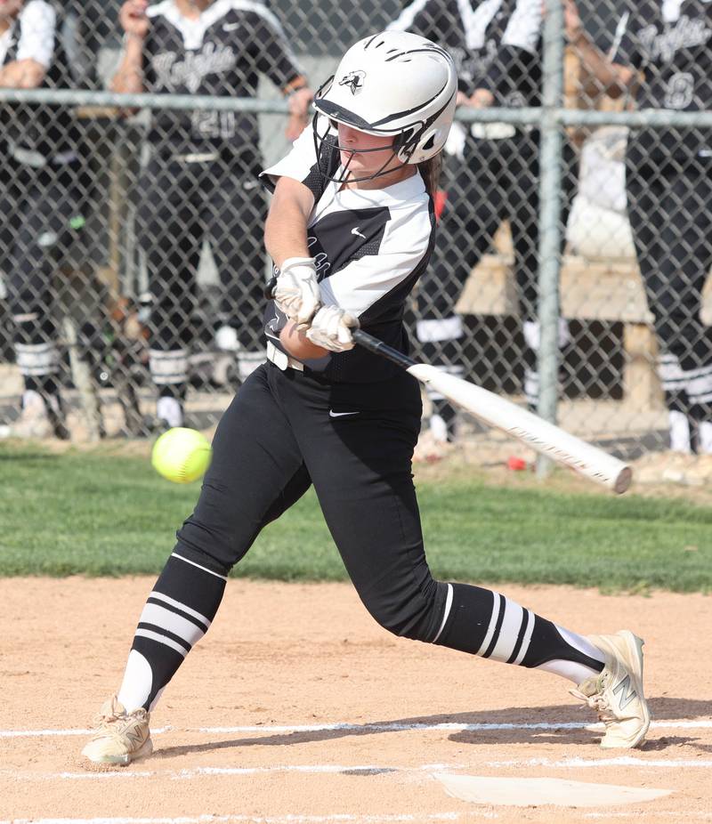 Kaneland's Olivia Stoker makes contact during their Class 3A Regional game against Woodstock Tuesday, May 24, 2022, at Kaneland High School in Maple Park.