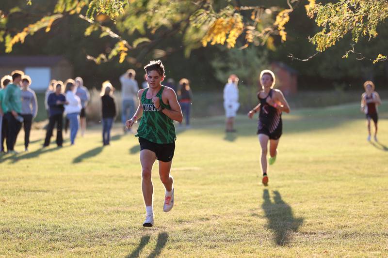 Dwight's Joe Faris nears the finish line in the boys 3-mile race during All-Area Cross Country meet on Wednesday, Oct. 8, 2025, at Kankakee Community College.