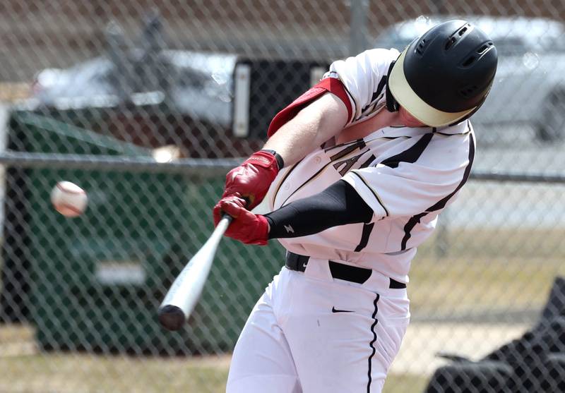 Sycamore's Davis Collie hits a double during their game against Byron Wednesday, March 26, 2025, at DeKalb High School. Sycamore’s home field was damaged in last week’s storms so today’s game was played on DeKalb’s field.