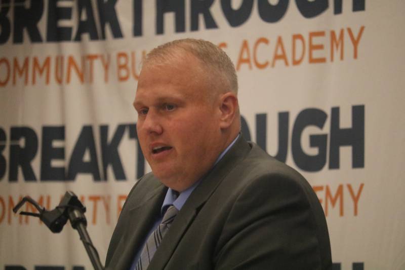 Opportunity DeKalb executive director Chad gives opening remarks Monday, June 2, 2025, to kick off the graduation of Breakthrough Community Business Academy's second cohort.