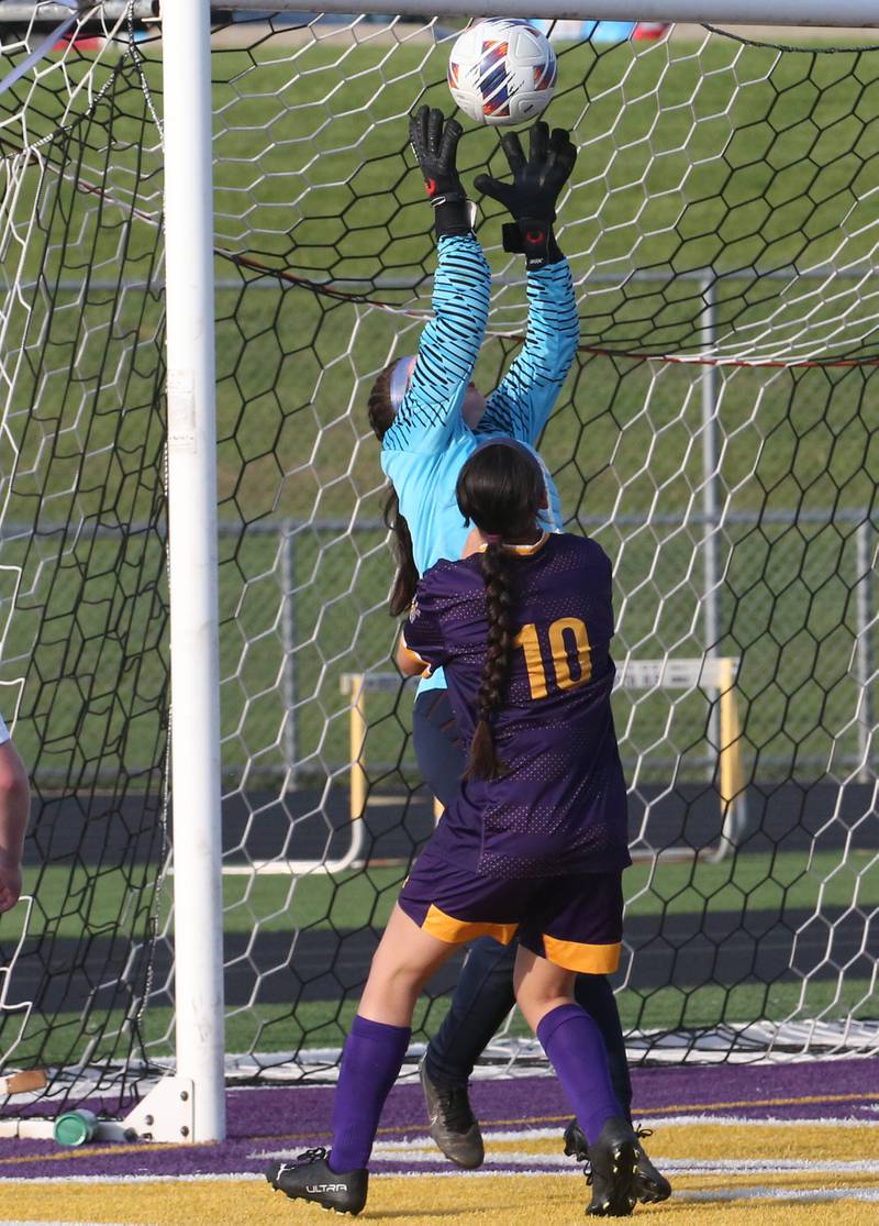 Princeton's keeper Maddie Oertel stops a shot from Mendota's Samara Hernandez during the Class 1A Regional semifinal game on Tuesday, May 9, 2023 at Mendota High School.