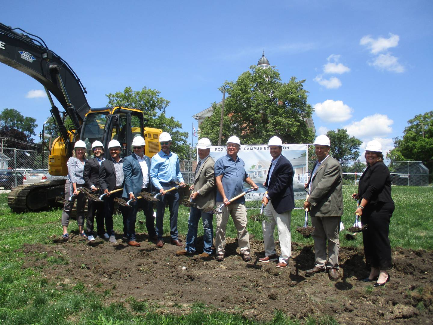 Kendall County officials break ground for the downtown Yorkville campus expansion project on July 18, 2023. They are, from left, County Clerk and Recorder Debbie Gillette and County Board members Zach Bachmann, Ruben Rodriguez, Seth Wormley, Jason Peterson, Matt Kellogg, Brian DeBolt, Scott Gengler, Dan Koukol and Brooke Shanley.