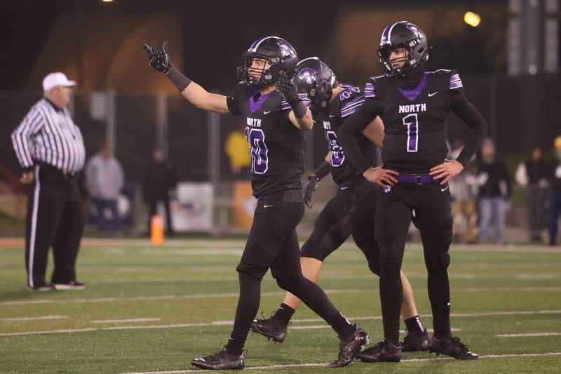 Downers Grove North’s Oliver Thulin reacts after not getting the pass interference call against Mt. Carmel in the Class 7A championship on Saturday, Nov. 25, 2023 at Hancock Stadium in Normal.