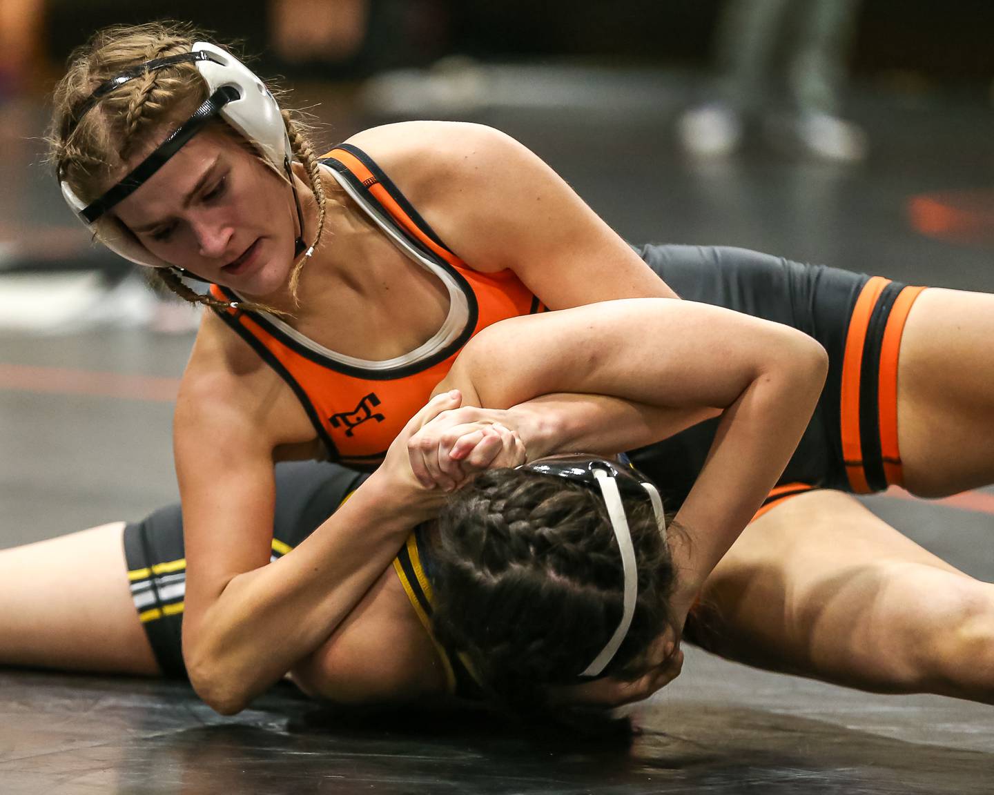 Minooka's Abbey Boersma wrestles Joliet's Laila Robles in their 155 class match during the Joliet Township at Minooka Girls Wrestling tournament.  Dec. 13, 2023.