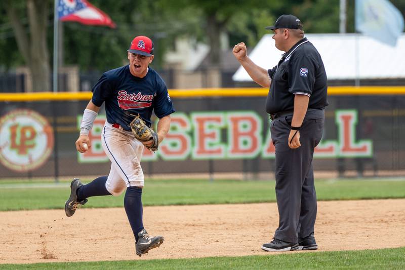 Ryan Lotus (2) of Illinois celebrates after making last out of inning on Thursday, July 17, 2025 at Washington Park in Peru.