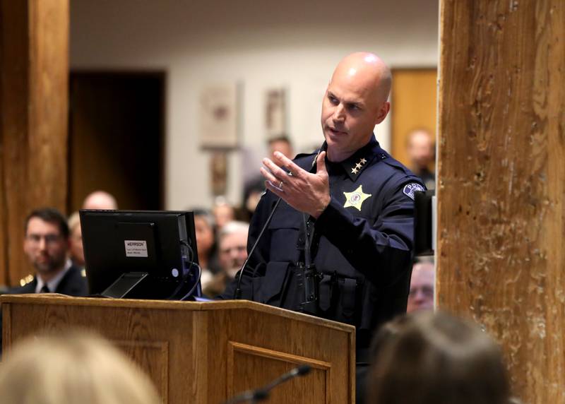 Outgoing Batavia Police Chief Shawn Mazza addresses the Batavia City Council during their regular meeting after a proclamation was given in his name in honor of his service. Mazza will retire from the position on Jan. 14, 2025.