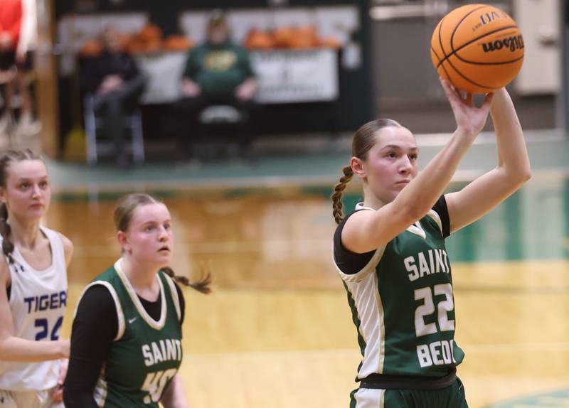 St. Bede's Hannah Heiberger lets go of a wide-open shot against Princeton during the Class 2A Regional semifinal game on Tuesday, Feb. 17, 2026 at St. Bede Academy.