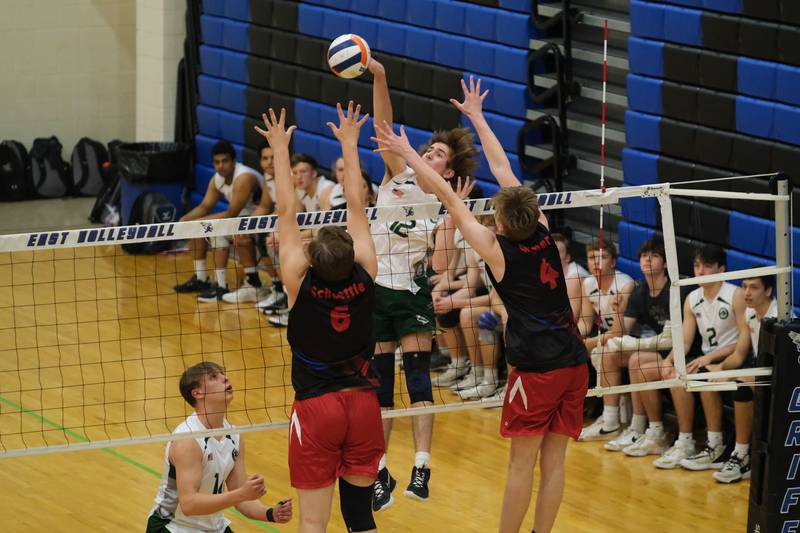 Glenbard West’s Parker Moorhead hits a shot against Roncalli (IN) in the Lincoln-Way East Tournament title match. Saturday, April 30, 2022, in Frankfort.