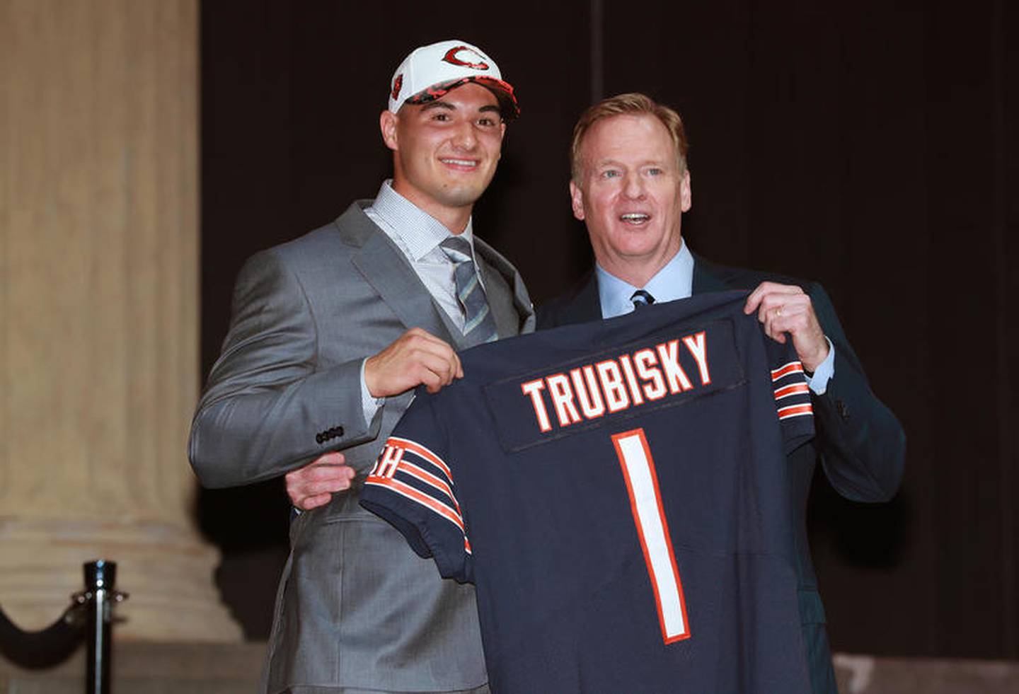 Mitch Trubisky, left, poses with NFL commissioner Roger Goodell after being selected by the Chicago Bears with the No. 2 overall pick in the 2017 NFL draft.