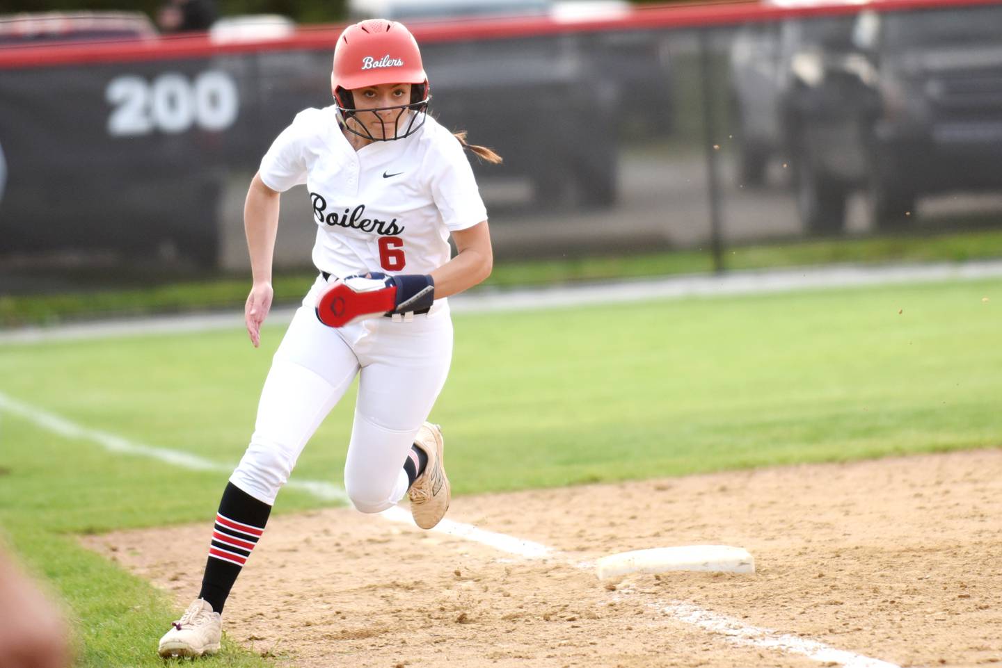 Bradley-Bourbonnais' Avery Moutrey rounds third on her way in for a run during the Boilermakers' home game against Lockport Tuesday, April 28, 2026.