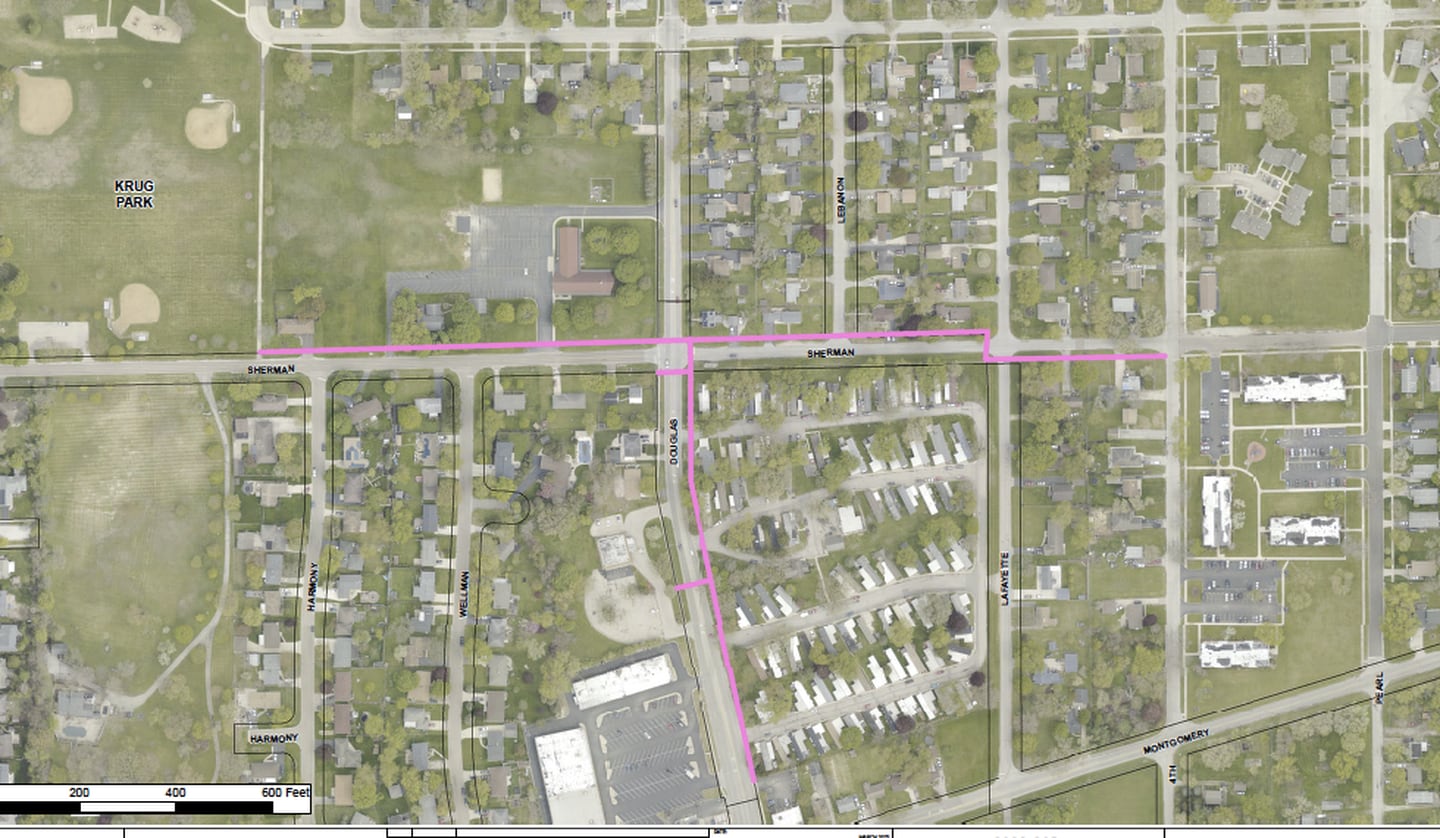 The location of new sidewalk sections along Douglas Road and Sherman Avenue north of Montgomery Road in Montgomery is highlighted on the map above. (illustration provided by the village of Montgomery)