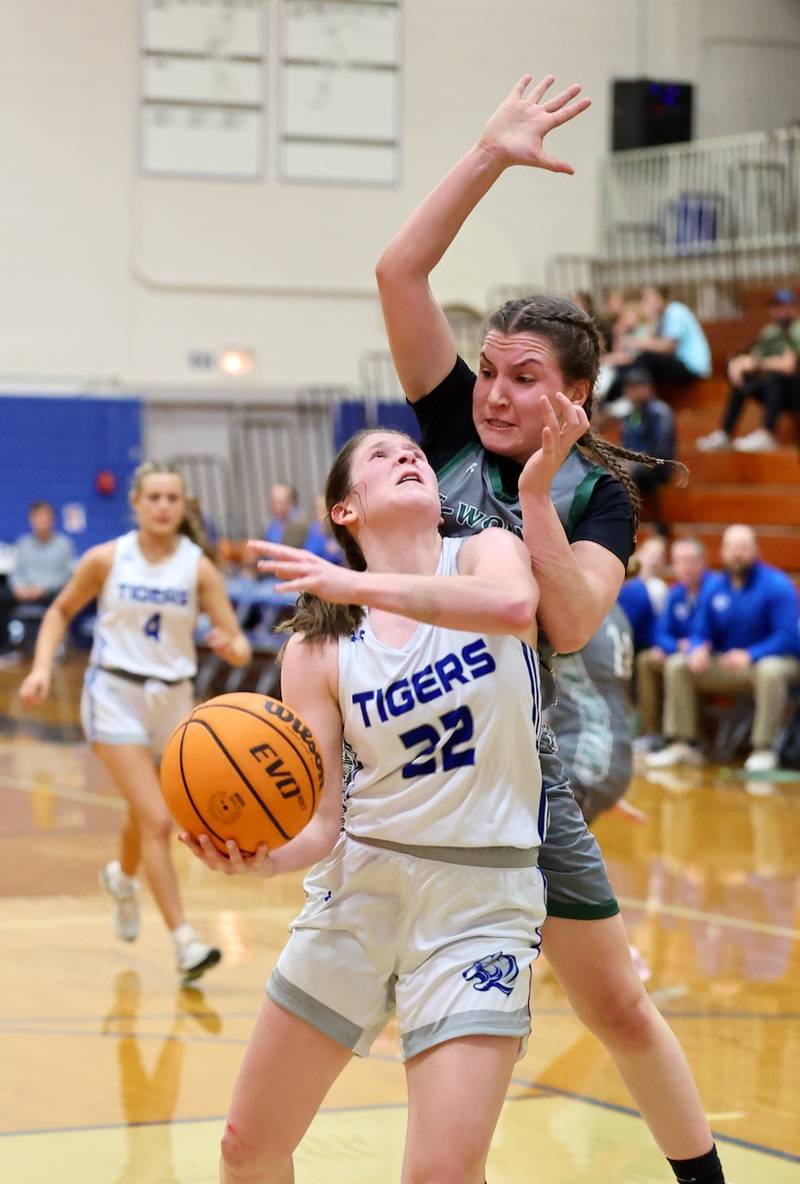 Princeton's Camryn Driscoll shoots against Midland Thursday night at Prouty Gym. The Tigresses won 69-34 to improve to 3-0 and advance to Saturday's championship game.