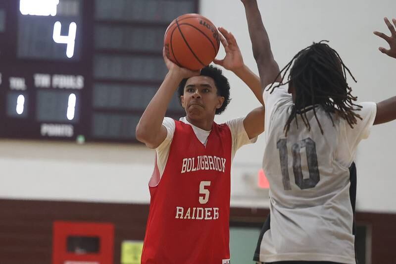 Bolingbrook’s Brady Pettigrew takes a shot against Sandwich at the 37th Morris Boys Shootout on Tuesday, June 25, 2024.