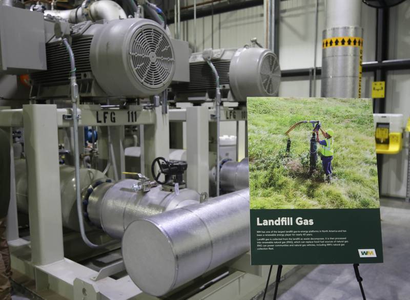 Some of the equipment Tuesday, April 22, 2025, inside the new Waste Management renewable natural gas building at the landfill in DeKalb. The facility converts collected landfill gas to lower-emission renewable natural gas which can be used to power homes and natural gas powered vehicles.
