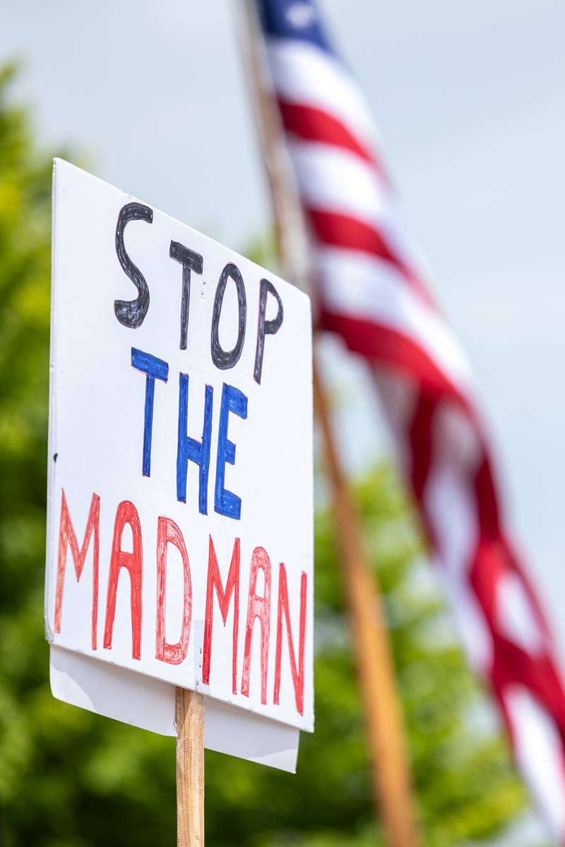 Sign that reads “Stop the Madman” is held at the “No Kings” protest on Saturday, June 14, 2025 at Rotary Park in Princeton.