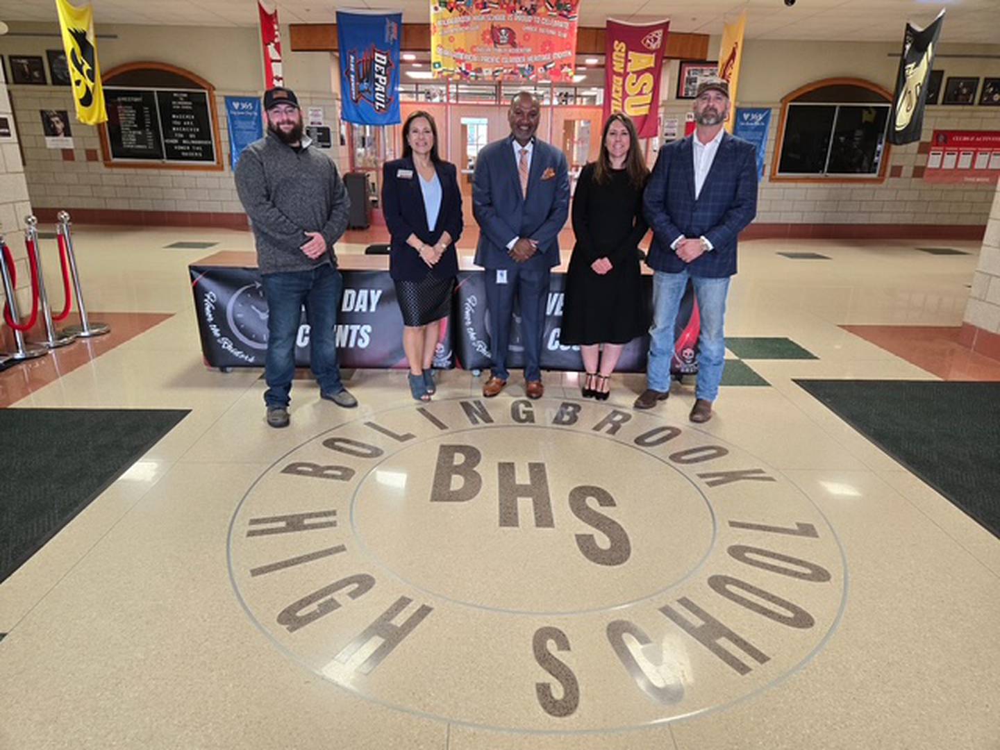 President and CEO of Clear-Armor Dave Trudeau, Director of School Safety at Will County Regional Office of Education Theresa Ward, Director of Safety and Security of Valley View School District Dr. Carter Larry , and Will County Regional Superintendent Dr. Lisa Caparelli-Ruff, and Clear-Armor Director of Sales Kyle Hunter on a visit to Bolingbrook High School on Monday, May 19, 2025.