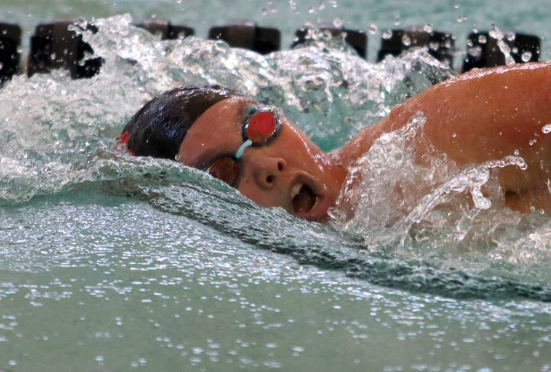 Huntley’s Emerson Kim competes in the 200-yard IM during the Fox Valley Conference Championship Meet at Woodstock North High School on Saturday, Nov. 2, 2024 in Woodstock .