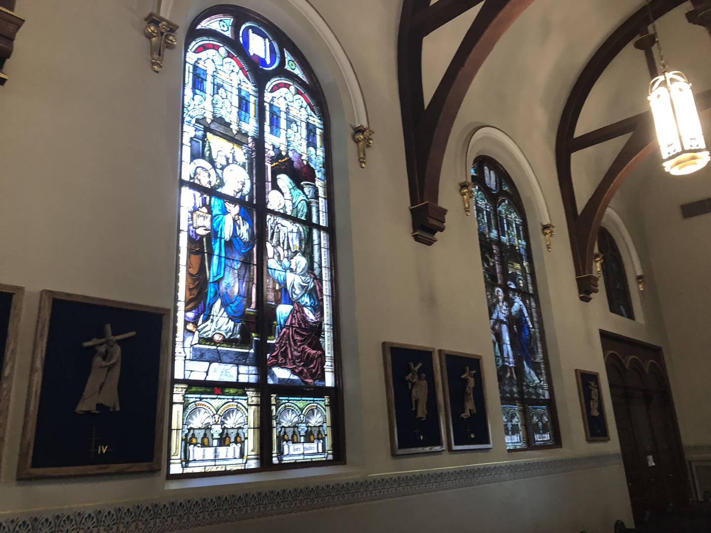 Stained glass windows at St. Mary Catholic Church that were blown out during an explosion in Woodstock on Oct. 9, 2023,  have since been replaced. The new windows are shown on Oct. 8, 2024.