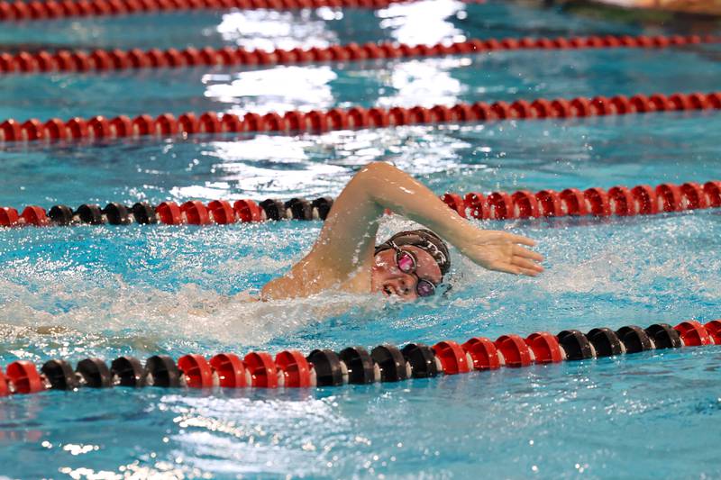 Kankakee's Ashlyn Brosseau competes in the 200-yard freestyle relay during Bradley-Bourbonnais' victory over Kankakee and Bishop McNamara in the All-City swim meet on Tuesday, Sept. 9, 2025.