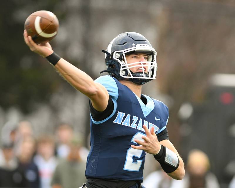 Nazareth Academy's Jackson Failla (2) passes the ball during the 6A semifinals game on Saturday Nov. 22, 2025; while taking on Fenwick held at Nazareth Academy High School in La Grange Park.