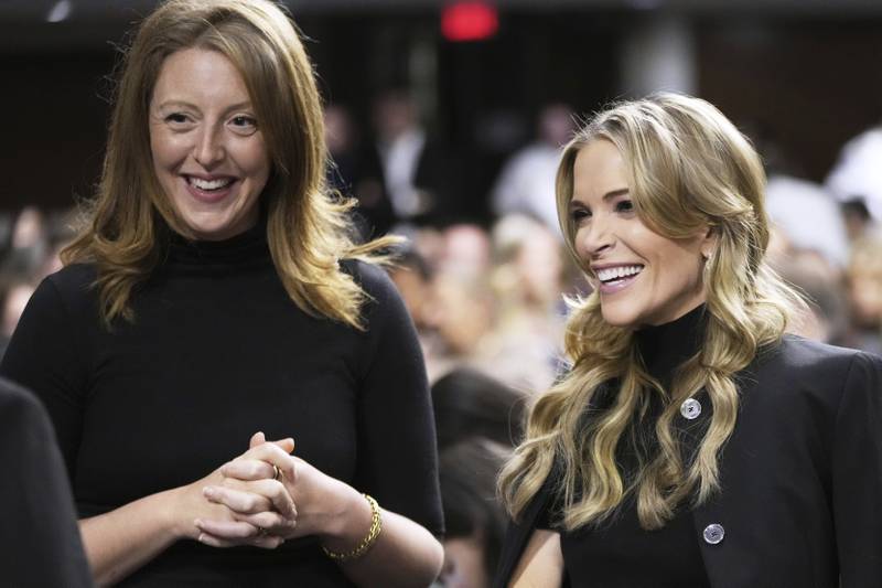 FILE - Dr. Casey Means, a wellness influencer, left, and journalist Megyn Kelly, attend a confirmation hearing for Robert F. Kennedy Jr. for the Secretary of Health and Human Services post, at the Capitol in Washington, Jan. 29, 2025.  (AP Photo/Ben Curtis, File)